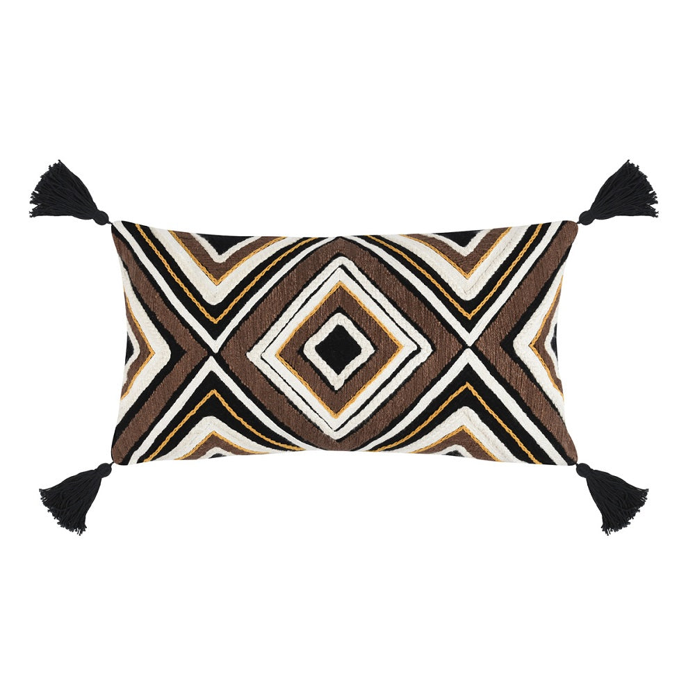 Cain Black Embroidered Lumbar Pillow 14x26